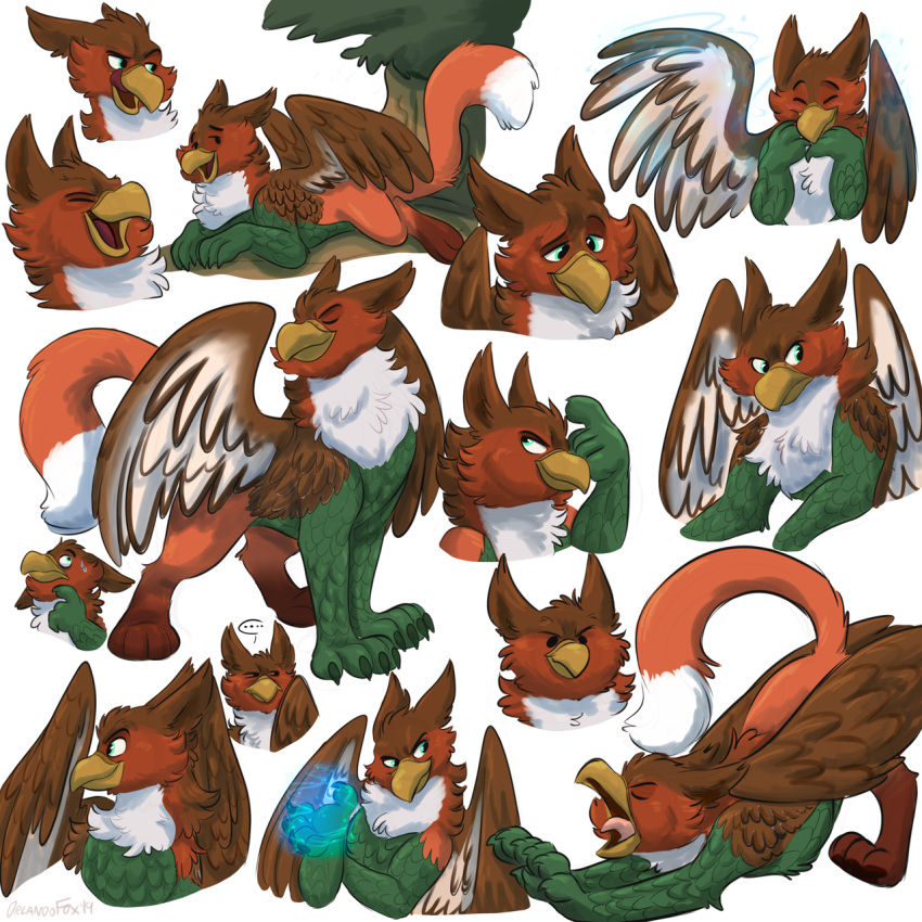 1:1 2019 avian digital_drawing_(artwork) digital_media_(artwork) edit expressions feathers feral fur granistad gryphon hi_res lightning male mythological_avian mythology orlandofox scales sketch_page solo tree