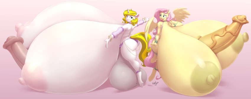 2020 5_fingers absurd_res anthro areola balls big_balls big_breasts big_penis bracelet breasts duo equid equine erection eyebrows fingers fluttershy_(mlp) friendship_is_magic genitals gynomorph hi_res horn huge_balls huge_breasts huge_penis hyper hyper_balls hyper_breasts hyper_genitalia hyper_penis hyperstorm_h intersex jewelry kevinsano mammal my_little_pony pegasus penis simple_background thick_thighs unicorn vein white_heart_(oc) wings
