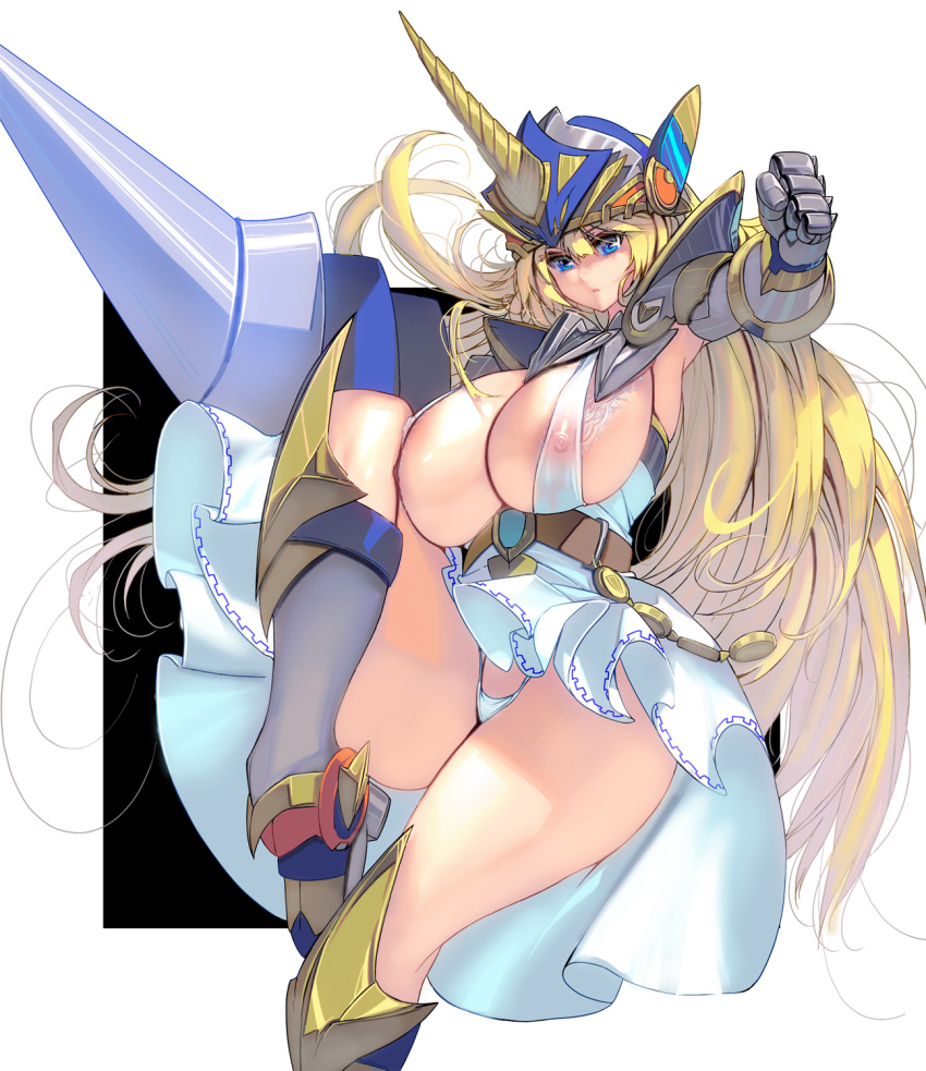 1girl bangs blonde_hair blue_eyes breasts gauntlets helmet highres huge_breasts long_hair looking_at_viewer masao nipples original panties polearm see-through shoulder_armor solo two-tone_background underwear valkyrie weapon white_panties