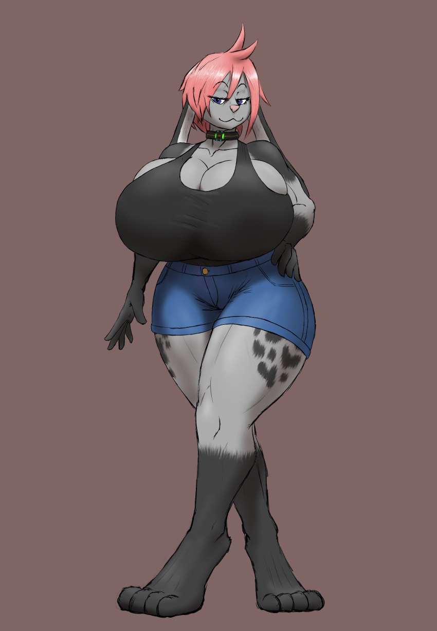 absurd_res anthro big_breasts breasts clothing collar female hair hi_res huge_breasts lagomorph long_ears mammal medicinal_succ pink_hair solo spots wide_hips