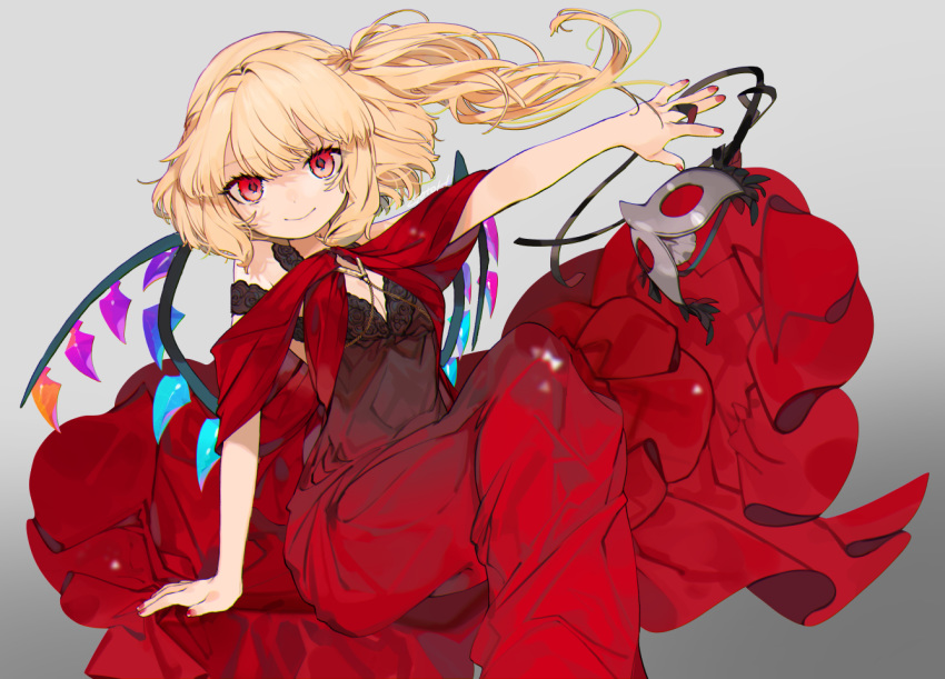 1girl alternate_costume arm_support artist_name bangs bare_shoulders black_dress blonde_hair breasts cleavage commentary_request crystal dress eyebrows_visible_through_hair feet_out_of_frame flandre_scarlet gotoh510 gradient gradient_background grey_background knee_up long_dress long_hair looking_at_viewer mask masquerade_mask outstretched_arm red_dress red_eyes red_nails side_ponytail sitting sleeveless sleeveless_dress small_breasts smile solo touhou wings