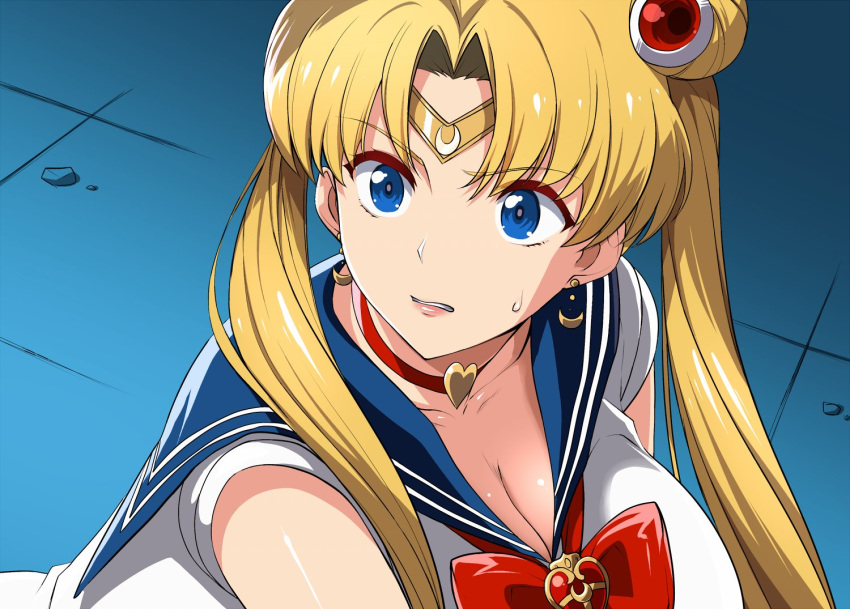 1girl alternate_breast_size bishoujo_senshi_sailor_moon blonde_hair blue_eyes bow breasts choker cleavage crescent crescent_earrings derivative_work double_bun earrings heart huge_breasts jewelry kloah parted_lips sailor_collar sailor_moon sailor_moon_redraw_challenge screencap_redraw shiny shiny_skin solo sweatdrop tsukino_usagi twintails