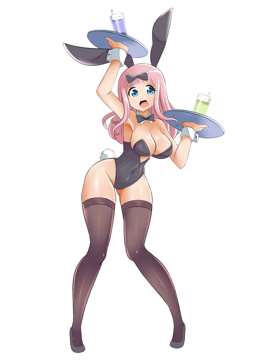 absurdres animal_ears black_legwear blue_eyes bow breasts bunny_ears bunny_tail bunnysuit fujiwara_chika highres kaguya-sama_wa_kokurasetai_~tensai-tachi_no_renai_zunousen~ large_breasts long_hair open_mouth pink_hair tail thighhighs zanatemx