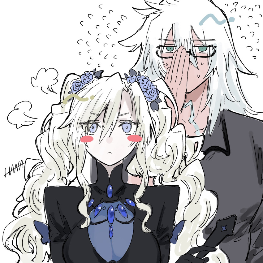 1boy 1girl adjusting_eyewear artist_name behind_another black-framed_eyewear black_shrug black_trim blue_eyes blush_stickers breasts commentary_request double-parted_bangs fate/grand_order fate_(series) flower flying_sweatdrops folding_fan frown green_eyes grey_hair grey_shirt hair_between_eyes hair_flower hair_ornament hand_fan hand_on_own_face high_collar highres holding holding_fan husband_and_wife jewelry kriemhild_(fate) kriemhild_(swimsuit)_(fate) large_breasts long_hair long_sidelocks nervous_sweating nlsenmon official_alternate_costume official_alternate_hairstyle parted_bangs puff_of_air see-through_cleavage see-through_clothes shirt shrug_(clothing) sidelocks siegfried_(fate) siegfried_(super_cool_biz)_(fate) simple_background sweat twintails v-shaped_eyebrows very_long_hair white_background white_hair