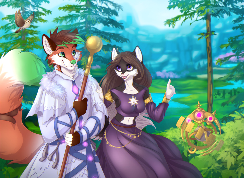 2020 avian bird breasts canid canine day detailed_background digital_media_(artwork) domestic_cat feathered_wings feathers felid feline felis female forest fox grass green_nose little.sparrow male mammal midriff navel outside purple_eyes sky smile tree wings