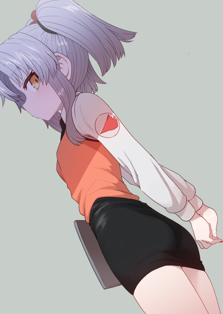 1girl ass black_skirt closed_mouth copyright_request dutch_angle from_side grey_background grey_hair highres hoshino_ruri kidou_senkan_nadesico long_sleeves looking_at_viewer looking_to_the_side medium_hair orange_eyes orange_vest pencil_skirt shirt simple_background skirt solo stretch sumiyao_(amam) twintails white_shirt