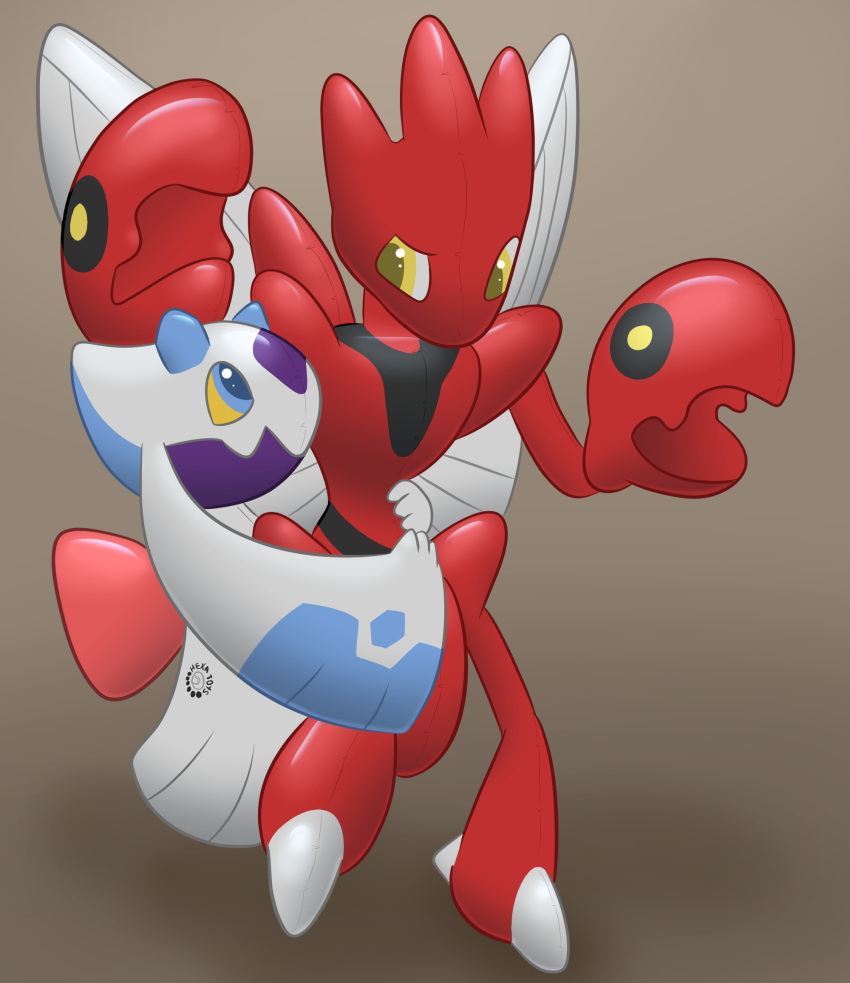 2020 ambiguous_gender animate_inanimate balloon-quilava blue_eyes duo froslass hexatoy hi_res hug inflatable living_inflatable looking_at_another nintendo pok&eacute;mon pok&eacute;mon_(species) pool_toy questioning red_bow scizor side_hug simple_background video_games yellow_eyes