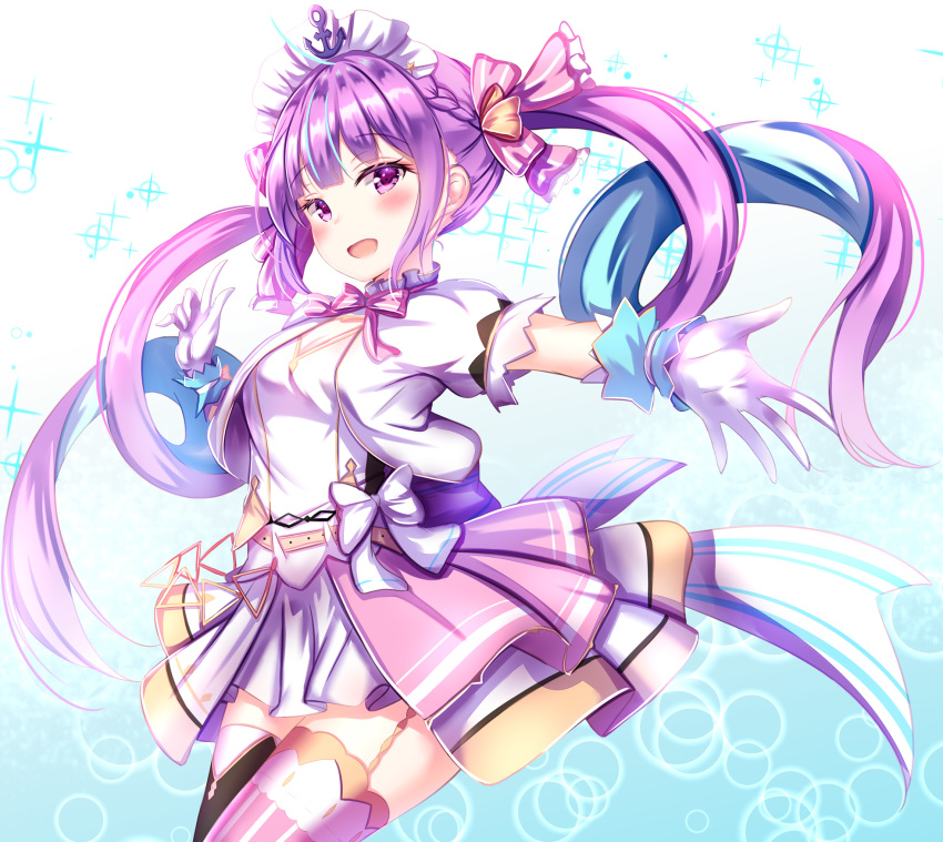 1girl :d anchor bangs black_legwear blue_background blue_hair blush bow braid cropped_jacket dress eyebrows_visible_through_hair gloves gradient gradient_background hair_bow highres hololive jacket minato_aqua mismatched_legwear multicolored_hair open_clothes open_jacket open_mouth outstretched_arm pink_bow pink_legwear puffy_short_sleeves puffy_sleeves purple_eyes purple_hair short_sleeves sidelocks smile solo sparkle_background striped striped_bow striped_legwear thighhighs twintails two-tone_hair vertical-striped_legwear vertical_stripes virtual_youtuber white_background white_bow white_dress white_gloves white_jacket yuano