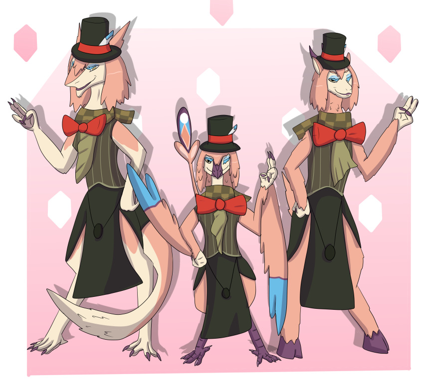 absurd_res agudner alternate_species anthro avian bottomwear bow_tie clothing group hat headgear headwear hi_res hooves horn looking_at_viewer makeup male nevrean priley sergal shizameakanzatsu skirt smile top_hat