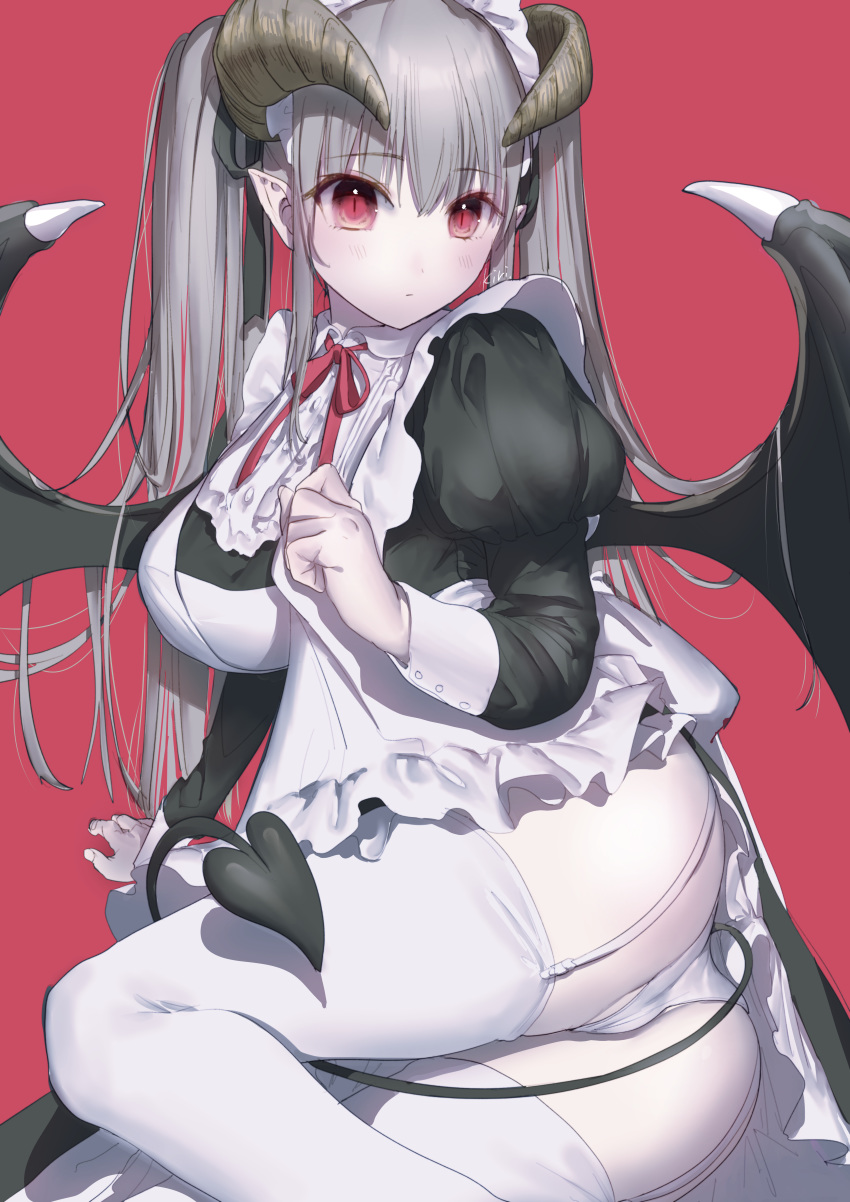 ass devil horns kirisaki_(miku-azu-2525) maid pantsu pointy_ears skirt_lift stockings tail thighhighs wings