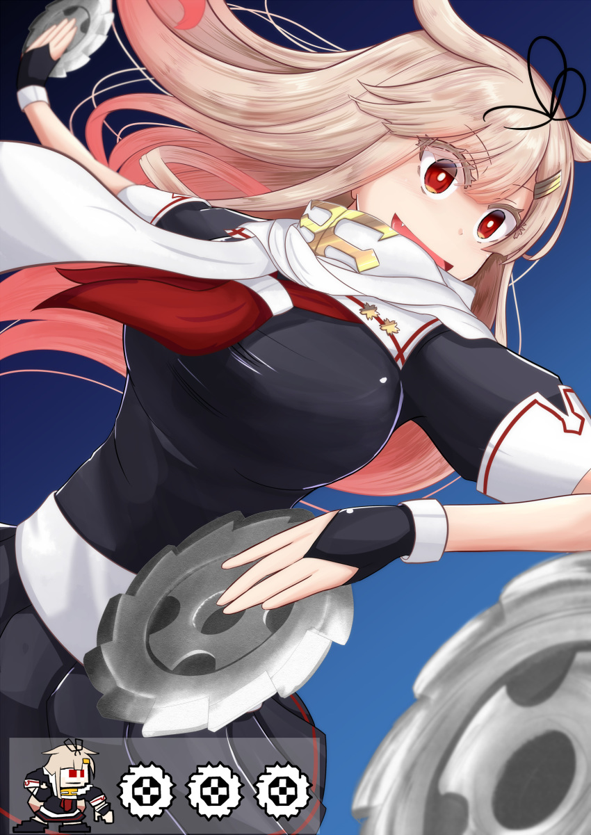 1girl absurdres black_ribbon black_serafuku blonde_hair gloves hair_flaps hair_ornament hair_ribbon hairclip highres kantai_collection long_hair messy_hair neckerchief noyomidx open_mouth pleated_skirt red_eyes remodel_(kantai_collection) ribbon rockman sawblade scarf school_uniform serafuku skirt weapon yuudachi_(kantai_collection)