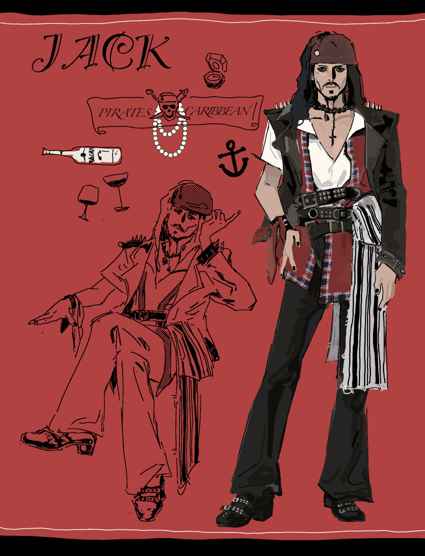 1boy absurdres anchor_symbol asymmetrical_sleeves bandana beard belt black_belt black_eyes black_hair black_jacket black_nails black_pants black_shoes character_name closed_mouth commentary cross cross_necklace facial_hair fingernails full_body highres invisible_chair jack_sparrow jacket jewelry lapels latin_cross long_sleeves looking_at_viewer male_focus medium_hair multiple_views mustache nail_polish necklace open_clothes open_shirt pants pirate pirates_of_the_caribbean red_background shirt shoes short_sleeves simple_background sitting standing symbol-only_commentary uneven_sleeves white_shirt xianchengyue420