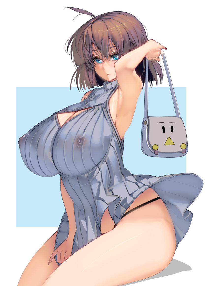 1girl arm_up bag bangs black_panties blue_eyes breasts brown_hair handbag highres huge_breasts invisible_chair leotard looking_at_viewer masao original panties short_hair sitting solo underwear