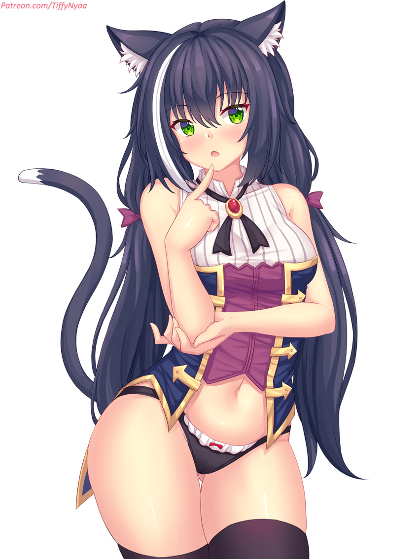 1girl animal_ear_fluff animal_ears ass_visible_through_thighs bangs bare_arms bare_shoulders black_hair black_legwear black_panties blush bow bow_panties breasts cat_ears cat_girl cat_tail commentary english_commentary eyebrows_visible_through_hair fang fast-runner-2024 finger_to_mouth green_eyes hair_between_eyes hair_bow hand_up highres index_finger_raised karyl_(princess_connect!) long_hair low_twintails medium_breasts multicolored_hair navel no_detached_sleeves no_pants panties parted_lips princess_connect! princess_connect!_re:dive purple_bow shirt simple_background sleeveless sleeveless_shirt solo streaked_hair tail tail_raised thighhighs twintails underwear very_long_hair watermark web_address white_background white_hair white_shirt