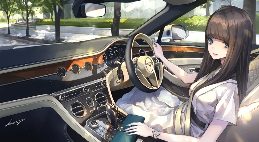 1girl absurdres bangs bentley black_hair blue_eyes blunt_bangs car car_interior day driving ground_vehicle highres koh_(minagi_kou) long_hair looking_at_viewer motor_vehicle original rear-view_mirror right-hand_drive seatbelt sitting steering_wheel tree