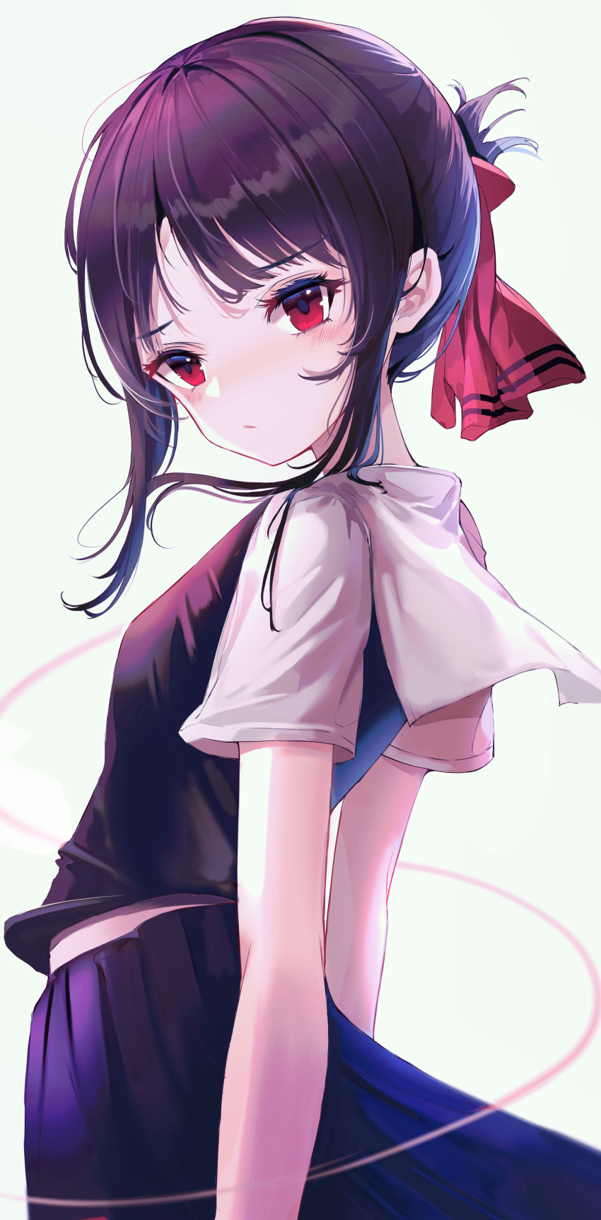 1girl absurdres ahr_tato black_shirt black_skirt breasts from_side hair_ornament highres kaguya-sama_wa_kokurasetai_~tensai-tachi_no_renai_zunousen~ looking_at_viewer pleated_skirt purple_hair red_eyes sailor_collar shinomiya_kaguya shiny shiny_hair shirt short_hair_with_long_locks short_sleeves sidelocks simple_background skirt small_breasts solo standing white_background white_sailor_collar white_sleeves