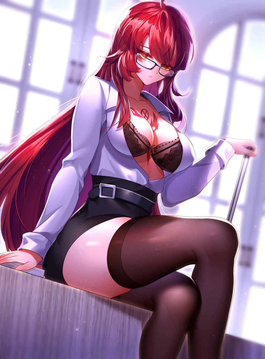 1girl absurdres ahoge been belt belt_buckle black_belt black_bra black_legwear black_skirt blurry blurry_background bra breasts buckle cleavage closed_mouth collared_shirt crossed_legs dutch_angle elesis_(elsword) elsword glasses high-waist_skirt highres holding indoors lace lace-trimmed_bra large_breasts long_hair looking_at_viewer medium_breasts miniskirt open_clothes open_shirt orange_eyes pencil_skirt red_hair shiny shiny_hair shiny_legwear shiny_skin shirt sitting skirt solo thighhighs underwear very_long_hair white_shirt wing_collar zettai_ryouiki