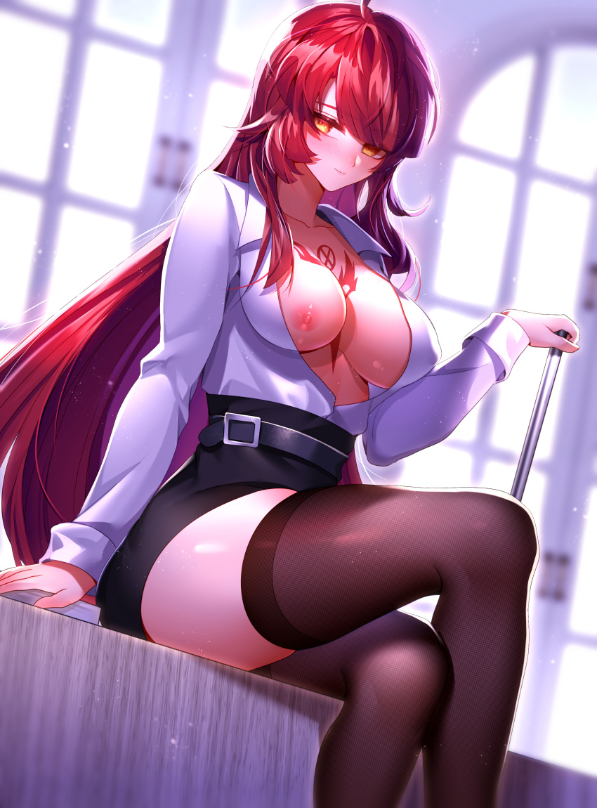 1girl absurdres ahoge been belt belt_buckle black_belt black_legwear black_skirt blurry blurry_background blush breasts buckle cleavage closed_mouth collared_shirt crossed_legs dutch_angle elesis_(elsword) elsword high-waist_skirt highres holding indoors large_breasts long_hair looking_at_viewer medium_breasts miniskirt nipples open_clothes open_shirt orange_eyes pencil_skirt red_hair shiny shiny_hair shiny_legwear shiny_skin shirt sitting skirt smile solo thighhighs very_long_hair white_shirt wing_collar zettai_ryouiki