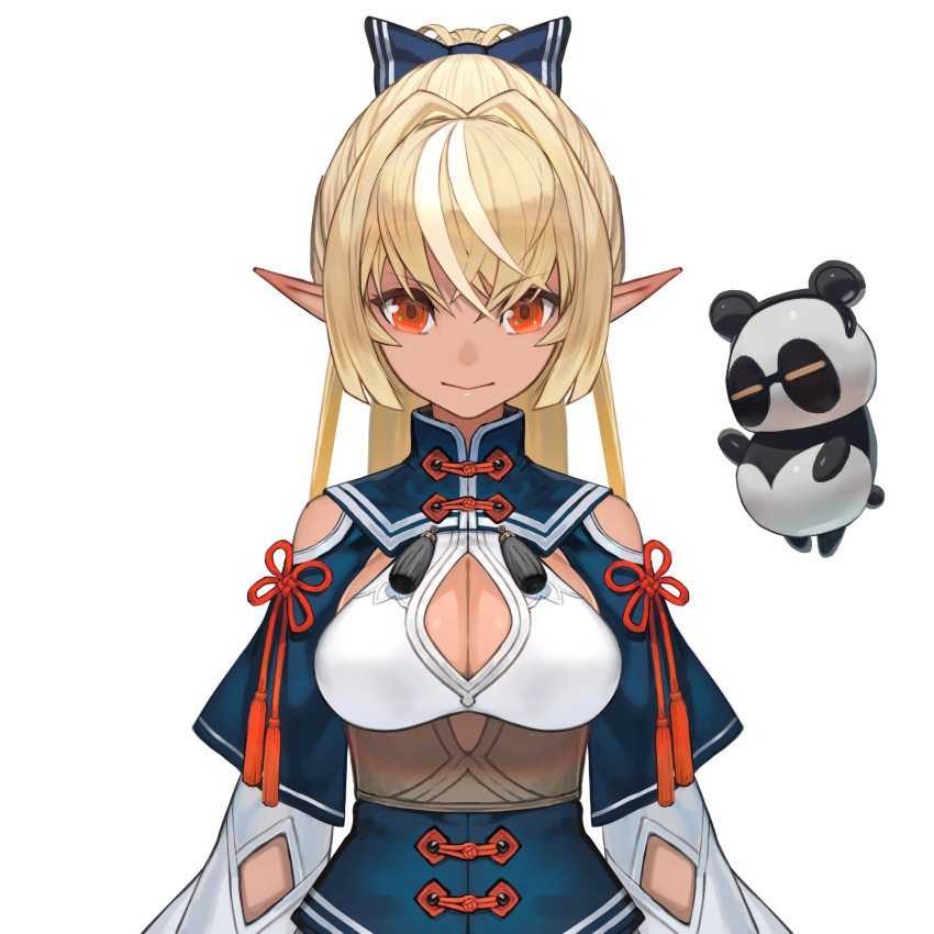 1girl absurdres blonde_hair blue_bow bow breasts cleavage closed_mouth eyebrows_visible_through_hair hair_bow hair_intakes highres hololive kintsuba_(flare_channel) lack long_hair long_sleeves looking_at_viewer multicolored_hair pointy_ears ponytail red_eyes shiranui_flare shoulder_cutout simple_background smile solo streaked_hair tassel transparent_background upper_body white_background