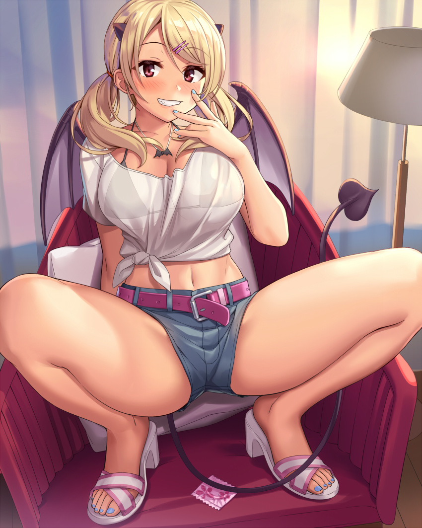 1girl bare_legs belt bikini bikini_under_clothes black_bikini blonde_hair blue_nails blue_shorts breasts chair cleavage condom_wrapper crop_top demon_girl demon_tail demon_wings denim denim_shorts front-tie_top grin hair_ornament hairclip halter_top halterneck hand_up highres jewelry lampshade large_breasts long_hair looking_at_viewer low_twintails midriff nail_polish navel necklace original pillow red_eyes sandals sawada_yuusuke see-through shirt short_shorts short_sleeves shorts smile solo squatting string_bikini swimsuit tail thighs toenail_polish twintails white_shirt wings