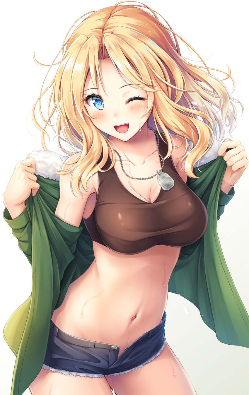 1girl ;d absurdres akashio_(loli_ace) bare_shoulders blonde_hair blue_eyes blue_shorts breasts brown_shirt brown_skirt cleavage collarbone cowboy_shot crop_top cutoffs denim denim_shorts dog_tags fang fur_trim girls_und_panzer green_jacket highres jacket kay_(girls_und_panzer) large_breasts long_hair long_sleeves looking_at_viewer micro_shorts midriff navel off_shoulder one_eye_closed open_clothes open_fly open_jacket open_mouth shirt shorts simple_background skirt sleeveless sleeveless_shirt smile solo sports_bra standing stomach sweat taut_clothes taut_shirt thighs white_background