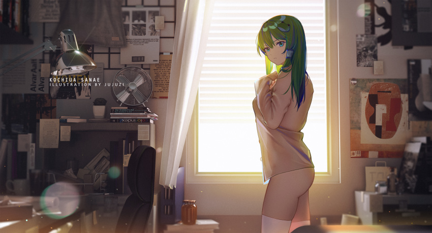 1girl absurdres alternate_costume aqua_eyes artist_name backlighting bangs book_stack breasts chair character_name day desk_lamp frog_hair_ornament from_side glint green_hair grey_shirt hair_ornament hair_tubes hand_on_own_chest highres indoors jar kochiya_sanae lamp lens_flare long_hair long_sleeves looking_at_viewer looking_to_the_side medium_breasts naked_shirt no_panties note open_clothes open_shirt paper parted_lips plant poster_(object) potted_plant see-through see-through_silhouette shirt solo sunlight table thighhighs touhou white_legwear window xtears_kitsune