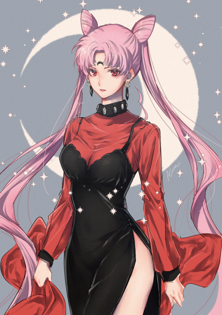 1girl bishoujo_senshi_sailor_moon black_dress black_lady breasts cleavage closed_mouth covered_navel cowboy_shot crescent double_bun dress earrings facial_mark floating_hair grey_background highres jewelry long_hair long_sleeves looking_at_viewer matsumotoasumu medium_breasts pink_hair red_eyes red_shirt shiny shiny_hair shirt side_slit sleeveless sleeveless_dress solo sparkle standing twintails very_long_hair