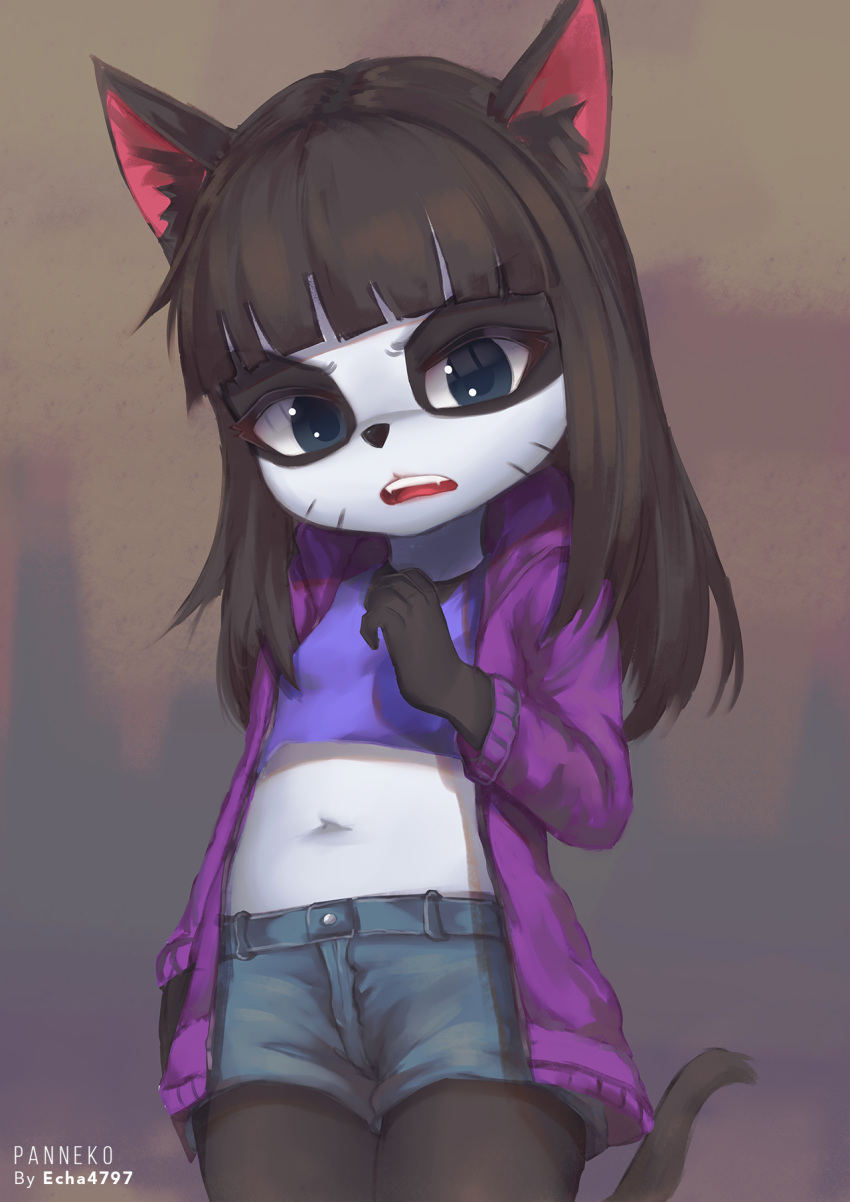 1girl animal_ear_fluff animal_ears artist_name black_hair blue_eyes cat_ears cat_girl cat_tail crop_top denim denim_shorts echa4797 fangs furry hand_to_own_mouth highres jacket long_hair midriff navel open_mouth original purple_jacket purple_tank_top short_shorts shorts solo tail tank_top