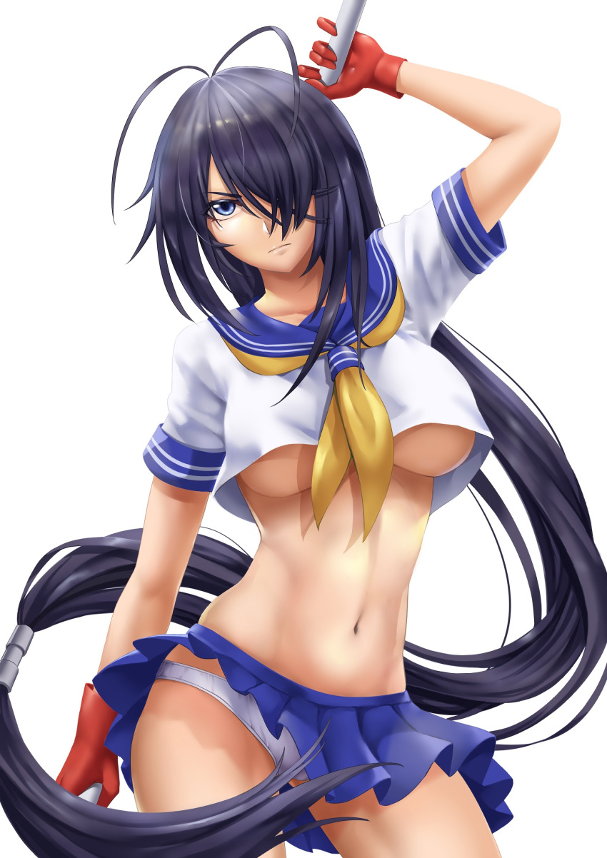 1girl absurdly_long_hair bangs black_hair blue_eyes blue_sailor_collar blue_skirt breasts closed_mouth collarbone collared_shirt contrapposto cowboy_shot crop_top eyebrows_visible_through_hair floating_hair gloves hair_between_eyes hair_over_one_eye highres holding_polearm ikkitousen kan'u_unchou long_hair looking_at_viewer low-tied_long_hair medium_breasts miniskirt neckerchief panties pleated_skirt ponytail red_gloves sailor_collar sailor_shirt sakuya_(liao_kj) shiny shiny_hair shirt short_sleeves simple_background skirt skirt_lift solo standing underboob underwear very_long_hair white_background white_panties white_shirt yellow_neckwear