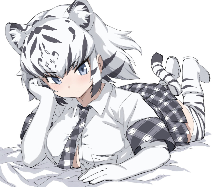 1girl animal_ears animal_print black_hair blue_eyes blush boots collared_shirt commentary_request extra_eyes eyebrows_visible_through_hair head_on_hand highres kakanashi1 kemono_friends looking_at_viewer lying necktie on_bed on_stomach plaid plaid_neckwear plaid_skirt plaid_trim pleated_skirt print_legwear shirt short_hair short_sleeves skirt solo t-shirt tail thighhighs tiger_ears tiger_girl tiger_print tiger_tail white_hair white_legwear white_shirt white_tiger_(kemono_friends) white_tiger_print zettai_ryouiki
