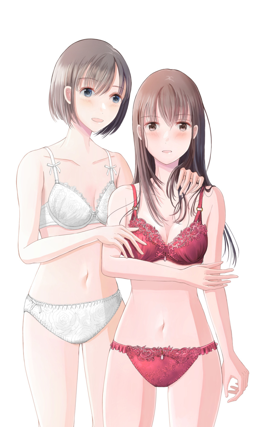 2girls :0 :d bangs bare_arms black_hair blue_eyes blush bow bow_bra bow_panties bra breasts brown_hair cleavage collarbone eyebrows_visible_through_hair floral_print hand_on_another's_shoulder height_difference highres kataguchi_iwashi long_hair looking_at_viewer multiple_girls navel open_mouth original panties red_bra red_panties short_hair simple_background small_breasts smile underwear underwear_only white_background white_bow white_bra white_panties