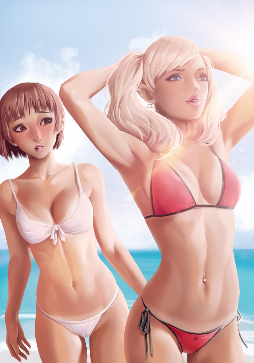 2girls absurdres armpits arms_behind_head bangs beach bikini bird biting blonde_hair blue_eyes blue_sky blush breasts brown_eyes brown_hair cameltoe collarbone earrings front-tie_bikini front-tie_top highres jewelry lip_biting long_hair medium_breasts multiple_girls navel navel_piercing niijima_makoto ocean parted_lips persona persona_5 piercing pink_lips red_bikini seagull short_hair side-tie_bikini sky standing string_bikini swept_bangs swimsuit takamaki_anne tan tanline thatpersonaguy twintails white_bikini