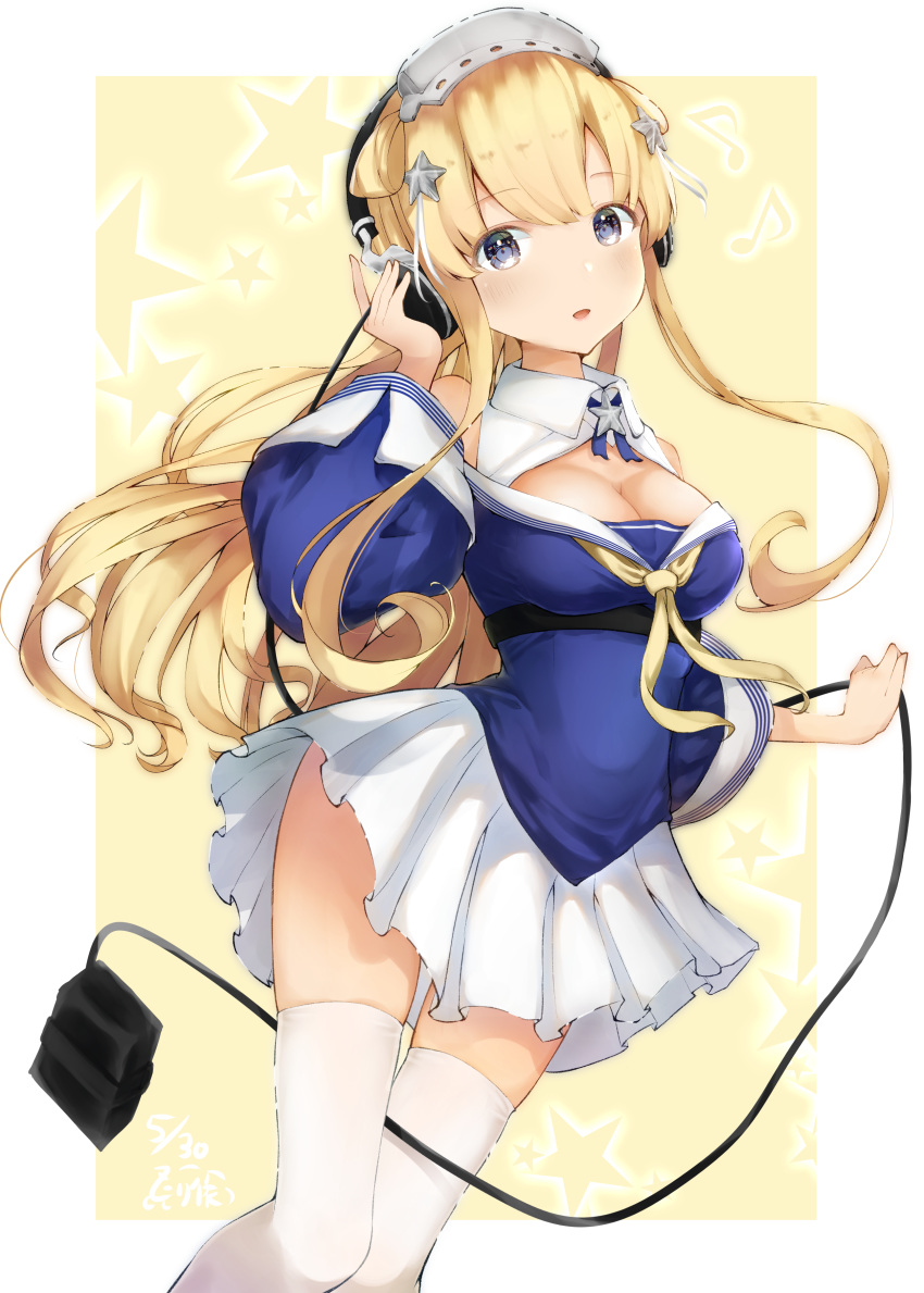 1girl absurdres blonde_hair blue_eyes blue_shirt border breasts cleavage commentary_request double_bun feet_out_of_frame fletcher_(kantai_collection) gloves hair_ornament hairband headphones highres kantai_collection large_breasts long_hair neckerchief off_shoulder pleated_skirt remodel_(kantai_collection) sailor_collar school_uniform serafuku shanghmely shirt skirt solo star_(symbol) star_hair_ornament thighhighs two-tone_background white_border white_gloves white_legwear white_sailor_collar white_skirt yellow_background yellow_neckwear