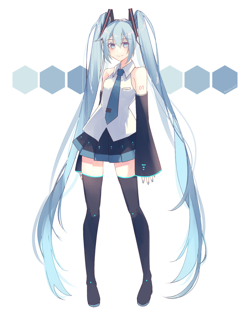 1girl absurdly_long_hair absurdres bangs black_footwear black_skirt black_sleeves blue_eyes blue_hair blue_nails blue_neckwear boots closed_mouth collared_shirt detached_sleeves eyebrows_visible_through_hair full_body hair_between_eyes hair_ornament hatsune_miku highres long_hair long_sleeves looking_at_viewer marumaroneko miniskirt nail_polish necktie number pleated_skirt shiny shiny_hair shirt simple_background skirt sleeveless sleeveless_shirt sleeves_past_wrists smile solo standing tattoo thigh_boots thighhighs twintails very_long_hair vocaloid vocaloid_boxart_pose white_background white_shirt wing_collar zettai_ryouiki