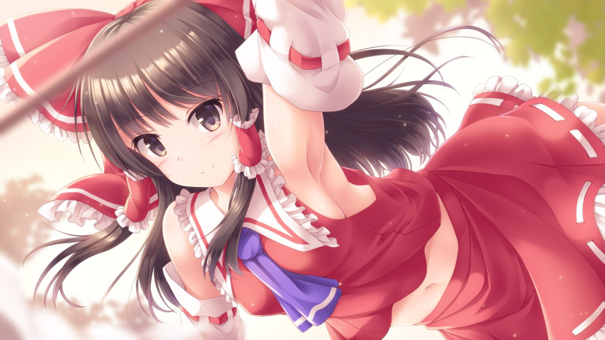 1girl arm_up armpits bangs bare_shoulders blurry blurry_background blush bow brown_eyes brown_hair commentary_request detached_sleeves eyebrows_visible_through_hair floating_hair gohei hair_between_eyes hair_bow hair_tubes hakurei_reimu highres long_hair looking_at_viewer lzh navel neckerchief purple_neckwear red_bow red_shirt red_skirt shirt sidelocks skirt sleeveless sleeveless_shirt smile solo touhou