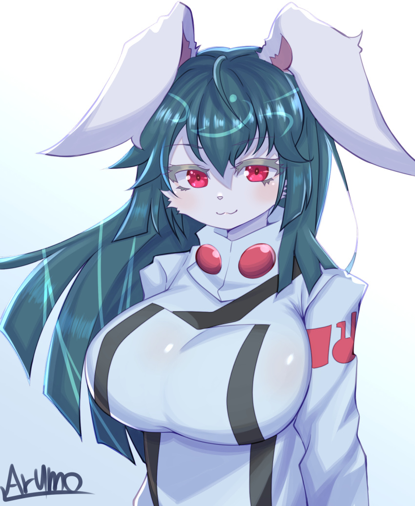 1girl :3 animal_ears animal_nose artist_name blue_background blush breasts bunny bunny_ears bunny_girl commentary_request eyebrows_visible_through_hair furry gradient gradient_background green_hair hair_between_eyes highres large_breasts long_hair looking_at_viewer original red_eyes ryuusui_arumo simple_background smile solo upper_body white_background white_fur