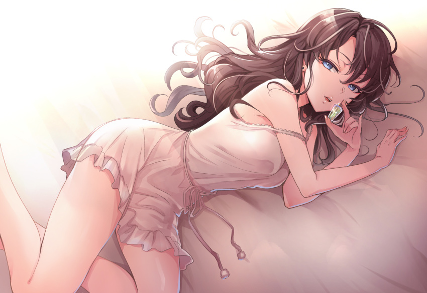 1girl bangs bare_arms bare_shoulders blue_eyes bottle breasts brown_hair dress earrings feet_out_of_frame highres holding ichinose_shiki idolmaster idolmaster_cinderella_girls jewelry large_breasts long_hair looking_at_viewer lying nightgown null_(chronix) on_bed on_side parted_lips perfume_bottle sash sleeveless solo strap_slip stud_earrings white_dress