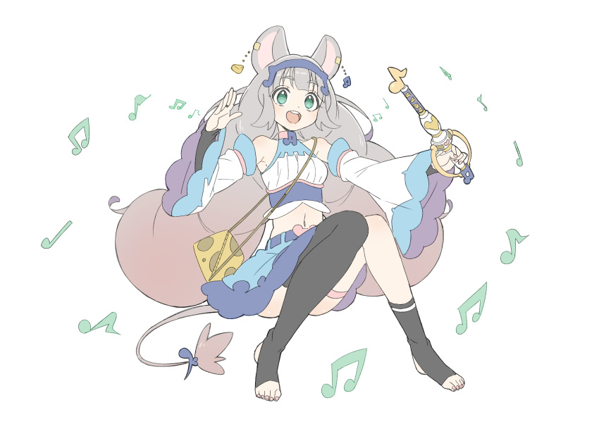 1girl :d absurdres animal_ears bare_shoulders big_hair black_legwear blue_skirt convenient_leg detached_sleeves donguri_suzume dot_nose eyebrows_visible_through_hair fingernails full_body gradient_hair green_eyes grey_hair hand_up hatsuka_chiyu hatsuka_chiyu_channel highres holding legband long_hair long_sleeves looking_at_viewer midriff mouse_ears mouse_tail multicolored_hair musical_note navel open_mouth pink_nails round_teeth single_sock single_thighhigh skirt smile socks solo stirrup_legwear tail teeth thighhighs toeless_legwear toenail_polish toenails upper_teeth very_long_hair white_background wide_sleeves