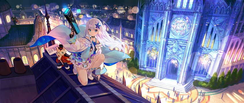 1girl ahoge bare_shoulders blue_dress blurry bokeh building cat choker church city city_lights cityscape coat creature depth_of_field dress fantasy finger_on_trigger fuji_choko gun hair_ornament highres holding kenja_no_deshi_wo_nanoru_kenja layered_dress long_coat long_hair looking_at_viewer miniskirt mira_(kenja) night off_shoulder official_art one_knee outdoors rooftop shoes sign skirt smile socks thighs v-shaped_eyebrows weapon white_coat white_hair white_legwear wide_shot