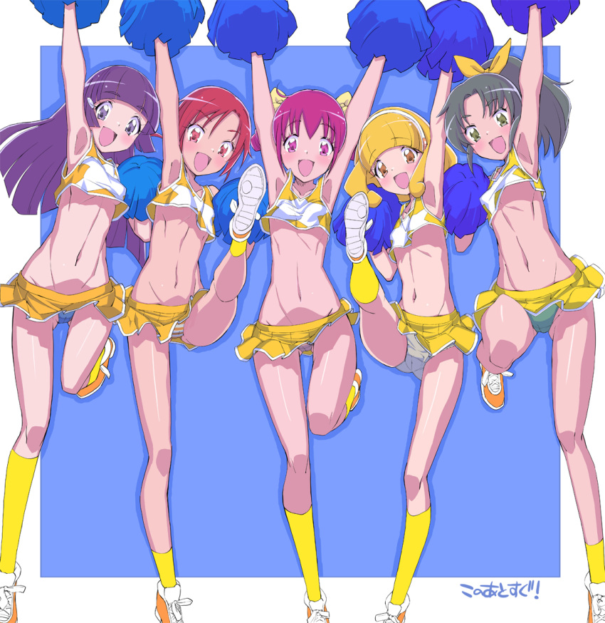 5girls :d aoki_reika arm_up armpits arms_up blonde_hair cheerleader green_eyes green_hair green_panties grey_panties hair_ribbon hairband highres hino_akane_(smile_precure!) hoshizora_miyuki kise_yayoi kneehighs long_hair looking_at_viewer midorikawa_nao midriff miyagoe_yoshitsuki multiple_girls navel open_mouth orange_footwear panties pink_eyes pink_hair pom_poms ponytail precure purple_eyes purple_hair red_eyes red_hair ribbon shoes short_hair skirt smile smile_precure! socks standing standing_on_one_leg striped striped_panties underwear white_hairband yellow_eyes yellow_ribbon yellow_skirt