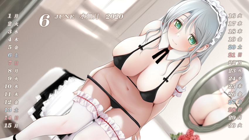 ass bra breasts calendar gray_hair green_eyes headdress kozue_akari long_hair maid mirror original panties panty_pull reflection thighhighs underwear undressing waifu2x