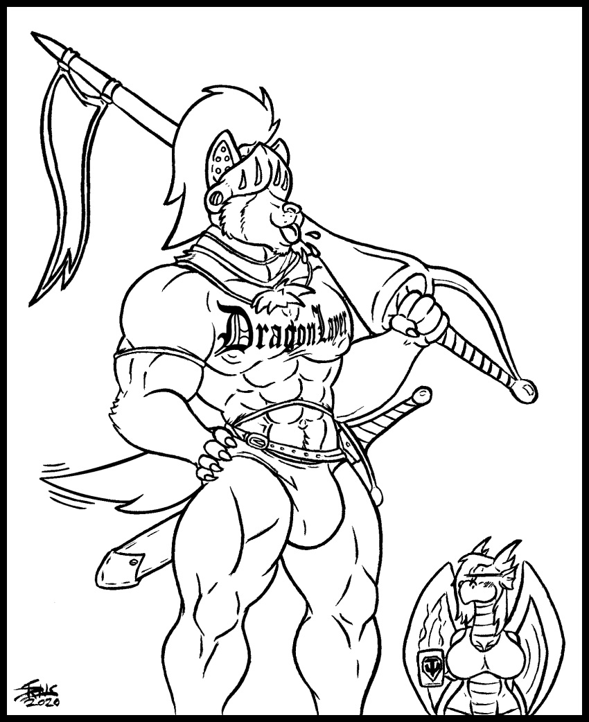 abs annoyed anthro armor ben_(skianous) big_breasts blowing_raspberries breasts bulge canid canine canis clothed clothing cup domestic_dog dragon duo fassalia_dracher female headgear helmet herding_dog hi_res horn humor jousting_lance knight lay_the_dragon male male_focus malinois_dog mammal melee_weapon monochrome muscular muscular_male pastoral_dog scalie sheepdog shirt skianous solo_focus sword tailwag tank_top topwear warrior weapon western_dragon wings