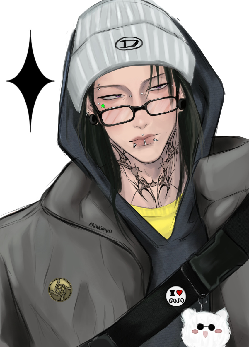 1boy absurdres aransmind badge bag_charm beanie black_bag black_hair black_hoodie black_star button_badge character_charm charm_(object) closed_mouth crossbody_bag cyber_sigilism down_jacket ear_piercing eye_piercing eyebrow_piercing face_piercing four-pointed_star getou_suguru gojou_cat grey_jacket hat highres hood hood_up hoodie ibispaint_(medium) jacket jujutsu_kaisen lip_piercing looking_to_the_side medium_hair neck_tattoo nose_piercing open_clothes open_jacket piercing plug_(piercing) purple_eyes rectangular_eyewear shirt solo star_(symbol) star_sticker star_symbol_background sticker sticker_on_face tattoo white_background yellow_shirt
