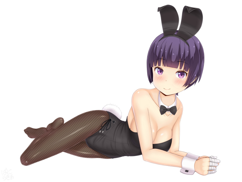 1girl absurdres animal_ears black_eyes black_legwear black_leotard black_neckwear bow bowtie bunny_ears bunny_girl bunny_tail bunnysuit commentary_request detached_collar eromanga_sensei fishnet_legwear fishnets highres leotard looking_at_viewer lying on_side pantyhose purple_eyes sainohikari senju_muramasa short_hair simple_background smile solo strapless strapless_leotard tail white_background wrist_cuffs