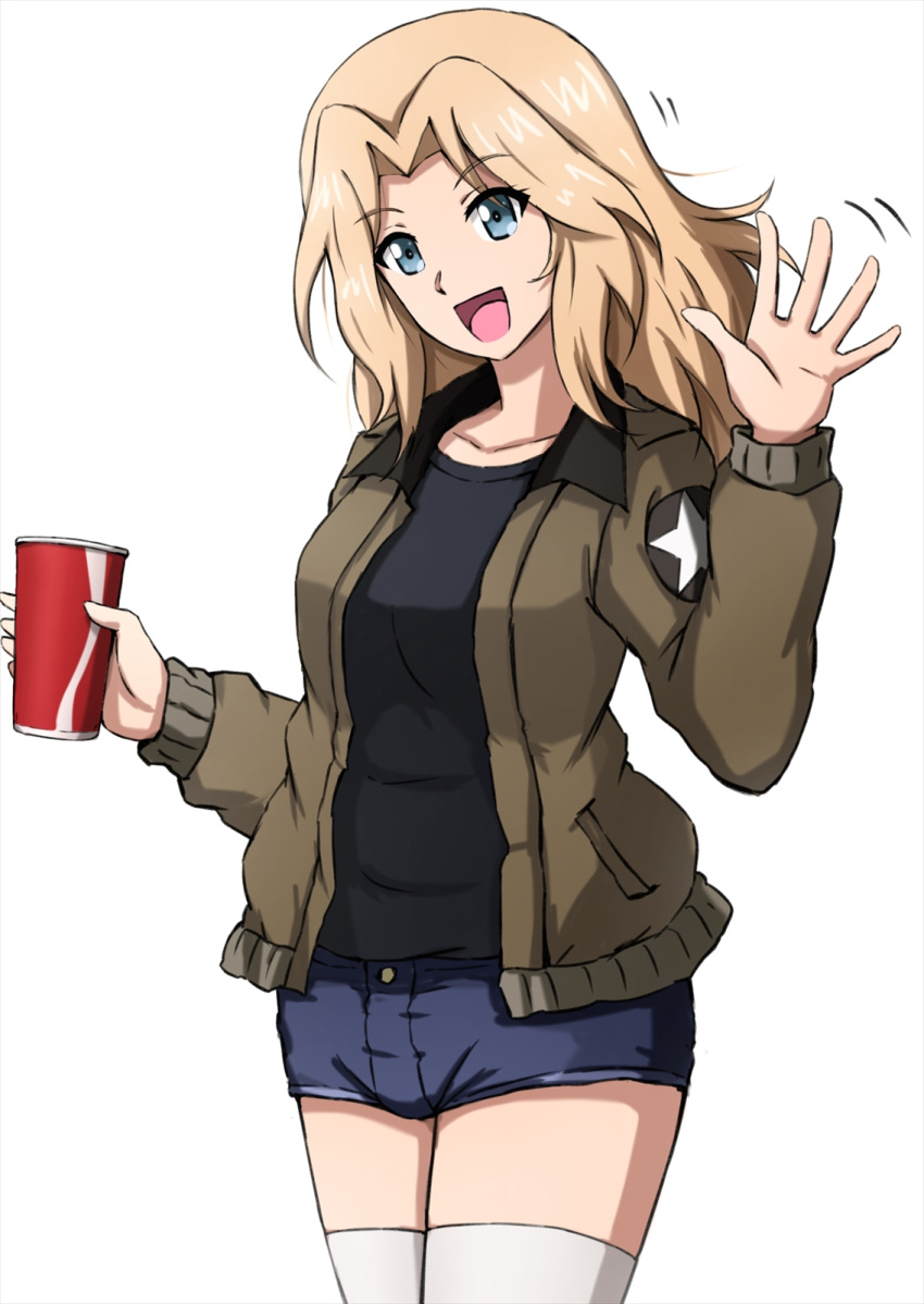 1girl :d black_shirt blonde_hair blue_eyes blue_shorts brown_jacket commentary cowboy_shot cup denim denim_shorts disposable_cup emblem eyebrows_visible_through_hair girls_und_panzer hair_intakes highres holding holding_cup jacket kay_(girls_und_panzer) long_hair long_sleeves looking_at_viewer micro_shorts military military_uniform motion_lines omachi_(slabco) open_clothes open_jacket open_mouth saunders_military_uniform shirt shorts smile solo standing star_(symbol) thighhighs uniform waving white_legwear