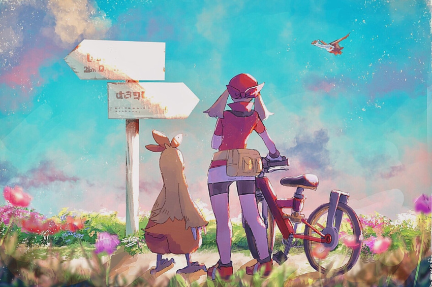 1girl bandana bicycle bike_shorts black_shorts blue_sky brown_hair cloud cloudy_sky combusken commentary_request day dirt_road flower flying gen_3_pokemon ground_vehicle haruka_(pokemon) highres kanji latias legendary_pokemon looking_away mu_acrt outdoors path pokemon pokemon_(game) pokemon_rse red_footwear red_shirt road shirt shoes shorts sign signpost sky star_(sky) starry_sky twintails