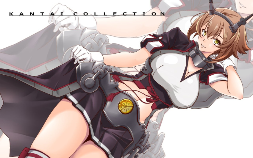 1girl breasts brown_hair copyright_name cowboy_shot cropped_jacket flipped_hair gloves hairband head_tilt headgear kantai_collection kiriki_haruomi large_breasts looking_at_viewer midriff miniskirt mutsu_(kantai_collection) radio_antenna red_legwear remodel_(kantai_collection) short_hair simple_background skirt solo standing thighhighs white_background white_gloves yellow_eyes zoom_layer