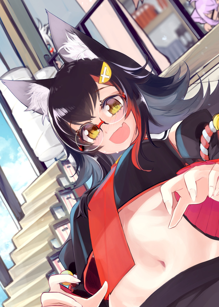 1girl :d absurdres animal_ear_fluff animal_ears bell bespectacled black_hair blush breasts commentary_request detached_sleeves fang glasses hair_ornament hairclip highres hololive indoors long_hair long_sleeves looking_at_viewer midriff misonodenpati multicolored_hair navel ookami_mio open_mouth red_hair skin_fang sleeveless smile solo_focus streaked_hair sweat upper_body virtual_youtuber wolf_ears yellow_eyes