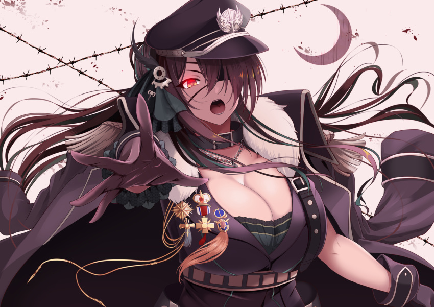1girl :o alternate_costume bangs black_gloves black_hair black_jacket breasts cleavage collar epaulettes eyepatch gloves glowing glowing_eyes hair_between_eyes hair_over_one_eye hair_ribbon hat highres idol idolmaster idolmaster_shiny_colors jacket jacket_on_shoulders jewelry large_breasts long_hair looking_at_viewer medal military military_hat military_jacket military_uniform moo_yoshio necklace open_mouth outstretched_hand peaked_cap pendant ribbon shirase_sakuya strap underbust uniform upper_body yellow_eyes