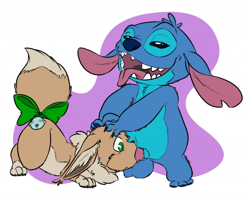 2020 alien ambiguous_gender balls bell blue_balls blue_body blue_claws blue_fur blue_nose bow brown_body brown_fur brunn-bear canid canine claws disney eevee experiment_(lilo_and_stitch) feral fur genitals green_eyes inner_ear_fluff lilo_and_stitch male male/ambiguous mammal multicolored_body multicolored_fur nintendo no_sclera penis pok&eacute;mon pok&eacute;mon_(species) ribbons sharp_teeth signature stitch_(lilo_and_stitch) tail_bow tail_ribbon teeth tongue tongue_out tuft video_games